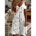 Vestido blanco con estampado floral, hombros descubiertos, encaje y cuello V - 3XL / Estilo Floral de Flores Silvestres Frescas (Imagen-4)