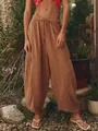 Detailed view of women's boho striped cotton linen pants with elastic waist and drawstring - Brown Stripes