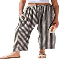 Detail view of women's striped cotton linen cropped pants with elastic waist and pockets - Black Grey Stripe
