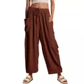 Pantaloni larghi da donna in cotone e lino marroni con vita alta ed elastica - Caffè