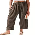 Women's casual cotton linen cropped pants with elastic drawstring waist in brown. - Dark Coffee