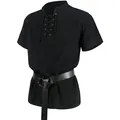Camisa de hombre de estilo medieval renacentista de manga corta con cinturón de cuero - S / Camisa Vintage de Manga Corta (Sin Cinturón) / Negro
