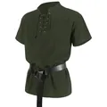 Camisa medieval renacentista para hombre en verde oscuro con cordones y cinturón negro incluido - S / Camisa Vintage de Manga Corta (Sin Cinturón) / Verde