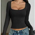 Chique zwart Y2K T-shirt met lange mouwen en vierkante hals voor dames in slim fit model - S / Zwart