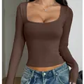 Trendy slim fit Y2K spicy girl style long sleeve square neck T-shirt in brown hue - S / Dark Brown