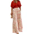 Women's 2-piece set: red V-neck crop top and floral print wide-leg trousers - S / Red