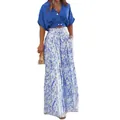 Elegant summer two-piece set featuring a blue V-neck crop top and floral wide-leg pants - S / Blue