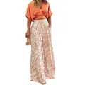 Chic summer two-piece outfit with orange V-neck crop top and floral print wide-leg trousers - S / Orange