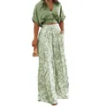Summer sage green two-piece set featuring V-neck crop shirt and floral wide-leg pants - S / Green