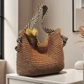 Large handwoven straw tote bag with navy style striped shoulder strap for summer beach - Khaki Black White Strap