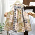Girl's summer sleeveless bohemian dress featuring artistic floral and patchwork print - Mori Patchwork Print (QZ24)