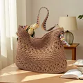 Large handmade straw woven tote bag with colorful patterned wide strap for summer beach - Khaki Colored Strap