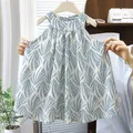 Girl's forest-style printed sleeveless dress with wide hem and blue artistic pattern - Blue Leaf Print (QZ21)