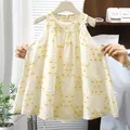 Girls yellow plaid sleeveless dress with cherry print in Morigirl style summer outfit. - Yellow Floral Gingham (QZ22)