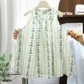 Summer girls' sleeveless forest style floral print vest dress with large hemline - Green Geometric Print (QZ23)