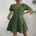 Casual green short sleeve button-down dress with ruffle hem and front pocket detail - S / Army Green