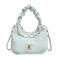 Lichtblauwe minimalistische geplooide handtas voor dames met kant en beer detail - Blauw