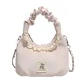 Cute light pink pleated hobo handbag with lace trim and cartoon bear patch detail - Pink