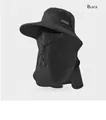 Detail view of deep black sun hat with integrated face mask and neck protection - Adjustable (54-60cm) / Deep Black
