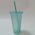 Large 710ml light blue plastic glitter reusable tumbler with matching green straw - 24oz / Cyan