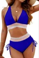 Bikini bleu sexy avec décolleté en V profond, taille haute et bande à chevrons - S / Haut Et Bas / Bleu royal