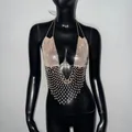 Top halter a rete con strass color champagne per rave party e festival musicali - Kaki