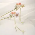 Elegant Chinese style flower hairpins with long golden tassels and butterfly charms - Butterfly Cherry Blossom Purple
