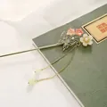 Vintage Chinese style metal hair stick with magnolia flowers, butterfly, and gold tassels. - Butterfly Cherry Blossom White