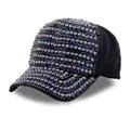 Chic black baseball cap featuring shimmering iridescent rhinestone studs for women - Black Ab Colored Diamonds + Pearls / Adult, Adjustable