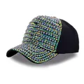 Fashionable black baseball cap adorned with vibrant iridescent colorful pearls and studs - Adult, Adjustable / Black AB Green Rhinestone & Artificial Pearl