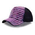 Fashionable black baseball cap with pink pearls and iridescent rhinestones for women - Adult, Adjustable / Black AB Rhinestone & Pink Purple Artificial Pearl
