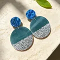 Vintage teal and blue resin dangle earrings with elegant silver glitter details - 2607028 Blue Shell Round Patchwork Earrings