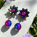 Vintage iridescent flower drop earrings with purple blue gradient beads on stone - 2607036 Colorful Flower Round Bead Earrings