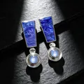 Vintage blue marbled trapezoid earrings with light blue gemstone drops in silver - 2607035 Deep Blue Geometric Metal Earrings
