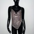 Top sexy en cotte de mailles strass avec ourlet irrégulier et bretelles chaînes - Taille unique / Kaki