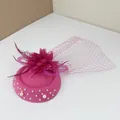 Chapeau bibi pillbox fuchsia élégant avec fleurs plumes voile en résille et perles - Avec Pince à Cheveux / Rouge Rose
