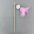 Interactive cat teaser wand with wooden pole, white felt cat paw, and pink feather - White Cat Paw Toy