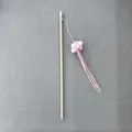 Handmade cat teaser wand with pink and white plush balls and long tassels on wooden pole - White And Pink Suede Pom-pom Cat Toy