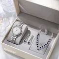 Elegante silberne Luxus-Quarzuhr kombiniert mit einem blauen Strass-Schmuckset für Damen - Silbernes Set Ohne Box Zh-a10118