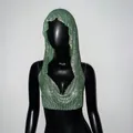 Detailed view of a sparkling green rhinestone hooded crop top on a black mannequin display. - One Size / Green