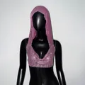 Sparkly pink metal rhinestone hooded vest and sequin crop top for women's party wear - One Size / Pink
