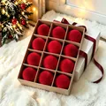 Elegant set of 12 luxury red flocked Christmas ball ornaments in a gift box display - Wine Red (Set of 12/6cm)