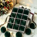 Elegant dark green flocked velvet Christmas ball ornaments set in white gift box - Green (Set of 12/6cm)