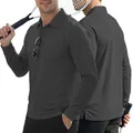 Detail of men's grey long-sleeve polo shirt featuring a chest pocket and collar. - S / Dark Gray