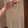 Elegant long silver mesh rhinestone hollow necklace for women as a sweater chain - Necklace-Silver-White