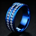 Elegant blue titanium steel ring featuring double rows of sparkling crystals with a polished finish - Size 5 / Blue Double Row Rhinestone (34-D-2)