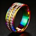 Rainbow iridescent stainless steel ring featuring double row channel set crystals - Size 5 / Multicolor Double Row Zirconia Style (34-D-3彩色两排胶水钻)