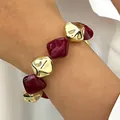 Vintage irregular burgundy resin and gold bead bracelet for women fashion jewelry - 14k Gold Wine Red Irregular Beaded Bracelet (0341)