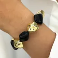 Vintage irregular chunky beaded bracelet with black resin and gold CCB elements. - 14k Gold Black Irregular Beaded Bracelet (6306)