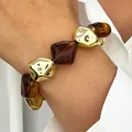 Retro irregular chunky bead bracelet featuring amber resin and gold metallic finish beads - 14k Gold Amber Irregular Beaded Bracelet (1892)